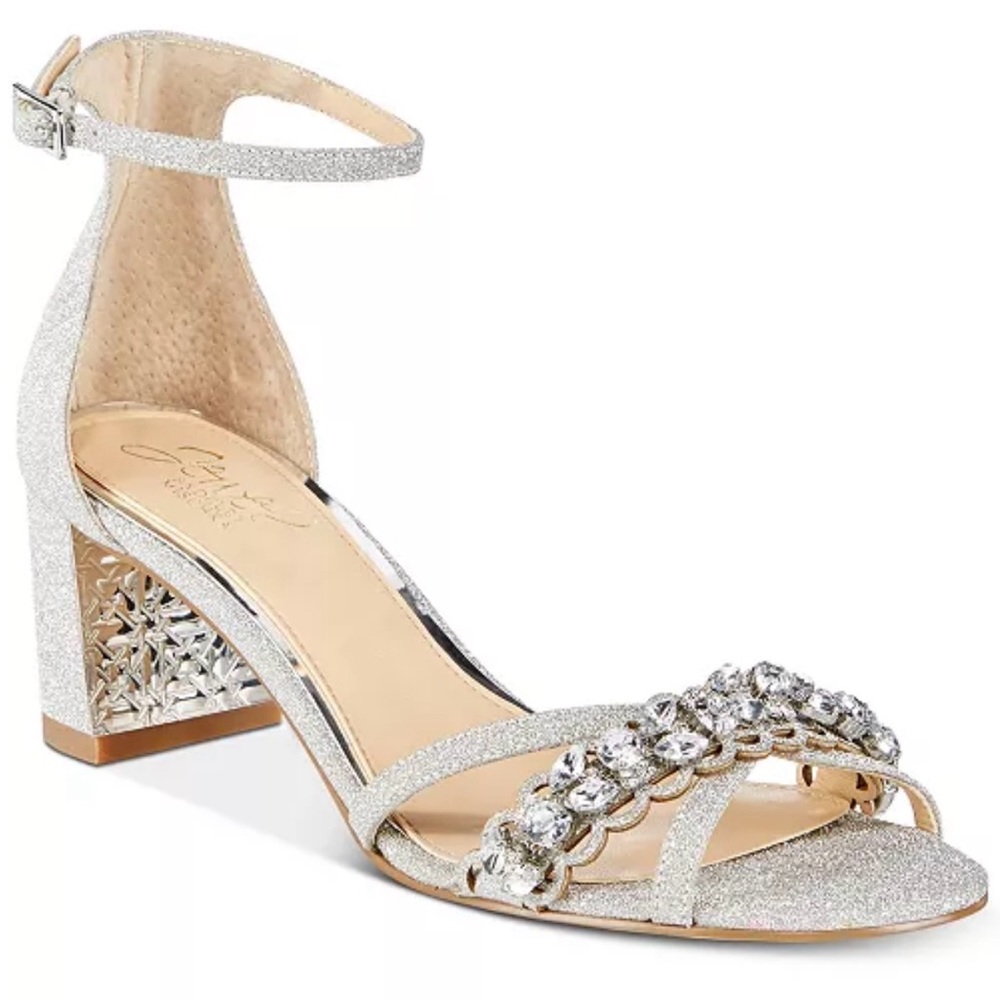 Badgley Mischka Giona Silver Glitter Embellished Ankle-Strap Block Heel Sandal